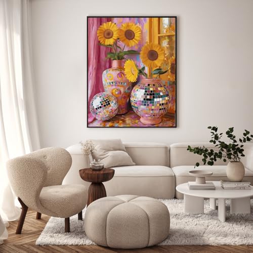 GEEHEIY Paint by Numbers Kit for Adults, Disco Sunflower Vase, 16 x 20 Inch | DIY Adult Paint by Number Kit on Canvas for Beginners, without Frame, Colorful Floral Wall Decor, Stress Relief Craft Gift - color: TRTDNF1P405