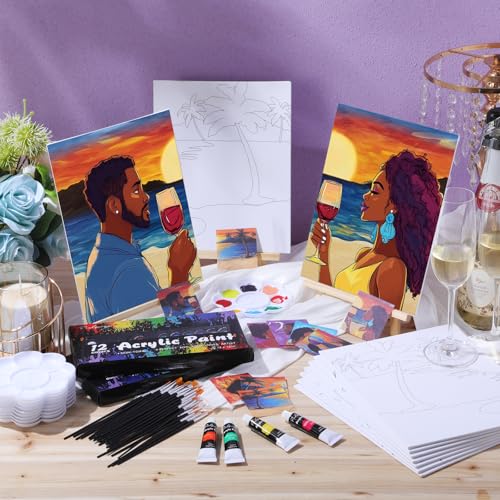 Ctosree 72 Pcs Lovely Couple Paint and Sip Kit for Adults 8'' x 10'' Pre Drawn Canvas for Painting DIY Pre Printed Canvas for Party Favor Afro Acrylic Painting Kit Wood Easel Brushes Date Night Bulk - style: Lovely Couple