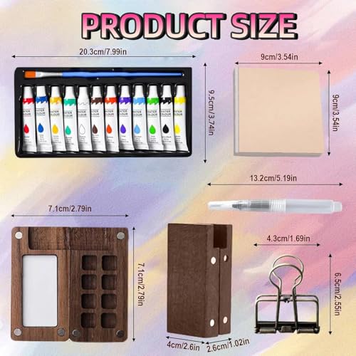 Mini Watercolor Paint set, Portable Watercolor Paint Travel Set, mini watercolor kit with Colours, Book,Binder Clips,Pens,Wooden Paint Box,Paintbrush,Fountain pen for Painters Artists Student