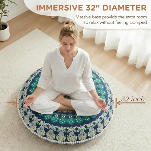 Codi Floor Pillows 2 Pack, Large Meditation Cushions for Adults, 32-inch | Oversized round seating for yoga & zen, Supportive shredded memory foam filling, Removable machine washable boho cover, Green - color: Round | Green, size: 2 Count (Pack of 1)