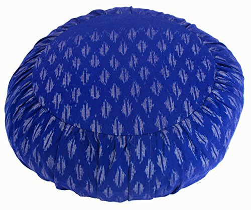 Meditation Cushion Zafu Pillow Buckwheat Fill - Ikat Fabric Hand Loomed Blue - color: Hand Loomed Ikat Blue