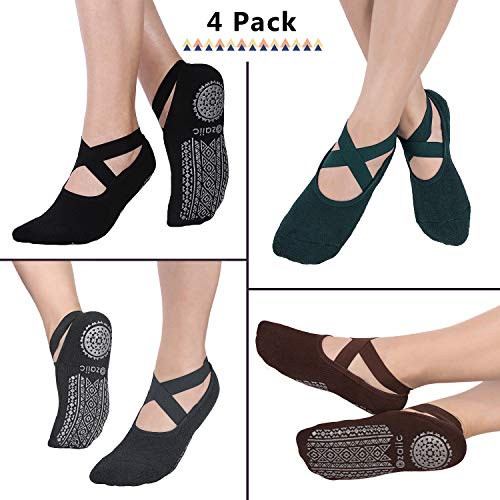 Ozaiic Pilates Socks for Women Non Slip Grip Yoga Barefoot Indoor Workout | Breathable cotton grippy sock, slipper sticky socks, one size fits women for barre, ballet, dance, hospital, home - color: 4p-coffee/Green/Black/Gray