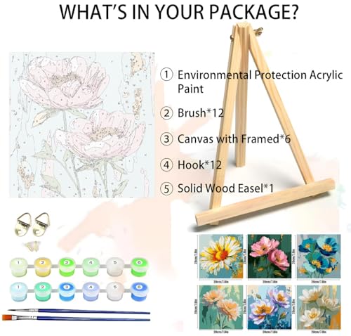 Canrichshop 6 Pack Paint by Numbers Kit for Adults,Framed Adults' Paint-by-Number Kits with Wooden Easel, DIY Flowers Acrylic Oil Painting Number Kits for Wall Decor 8x8 inch - color: BKH2617~BKH2622