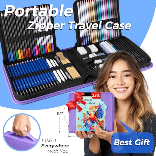 133 Pack Drawing Set Sketching Kit, Pro Art Supplies Sketch Pencils Set | with Sketch Book, Coloring Book, Watercolor Pad, Black Paper Pad, Graphite Colored Charcoal Watercolor & Metallic Pencils - color: Purple, size: 133 Pack
