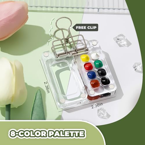 Mini Watercolor Set, Travel Palette for Sketching, Wooden Palette | 12 colors, 3 water brushes, yellow sketchbook, palette and clip; 6x6cm mini kit for travel, outdoor sketching and art class - color: YELLOW