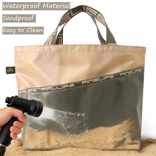 Large Foldable Waterproof Tote Bag, Heavy Duty for Beach & Swim - color: Beige/Olive