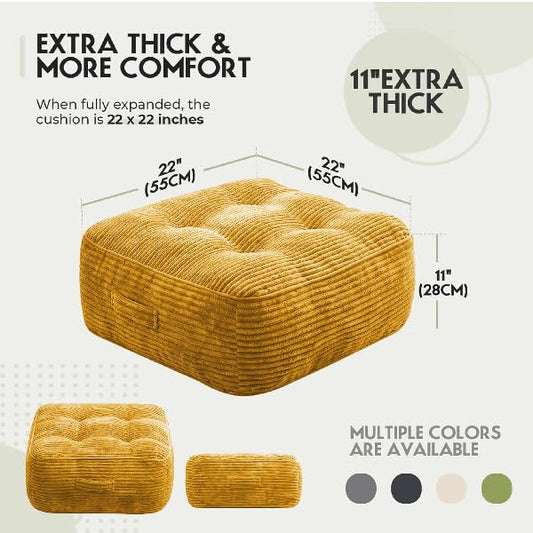 11" Thick Washable Floor Pillow for Adults, Yoga & Meditation Cushion with Handle, Square Large Pillows Seating with Removable Tufted Corduroy Cover for Tatami Living Room Board Games (Yellow) - color: Yellow