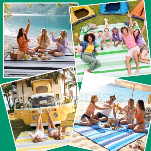 RYCHIC Waterproof Picnic Blanket Beach Mat Outdoor Outside Carpet Thick Rug Towel Kids Activity Playmat Oversized Cute Match Table Bag Set Ground Cover Park Lawn Summer Vacation Essential - color: Multi Green