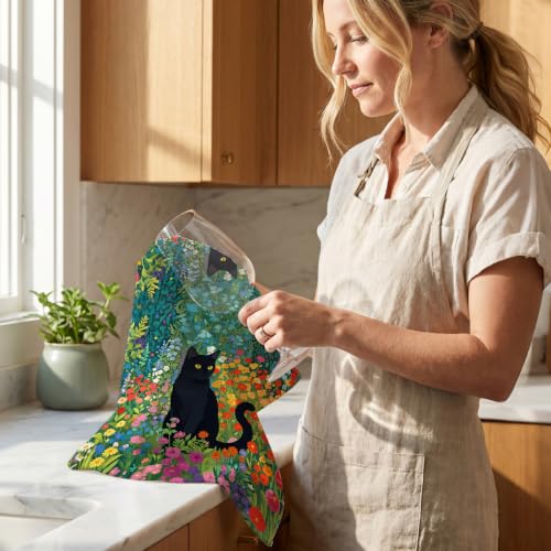 Jztco 4 Pcs Cute Cat Kitchen Towels, Floral Cats Absorbent Hand Tea Towel - color: Multi 1560