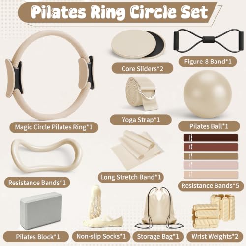 19 PCS Pilates Kit, Sand White/ Red Brown Pilates Sets with Yoga Block - color: sand white