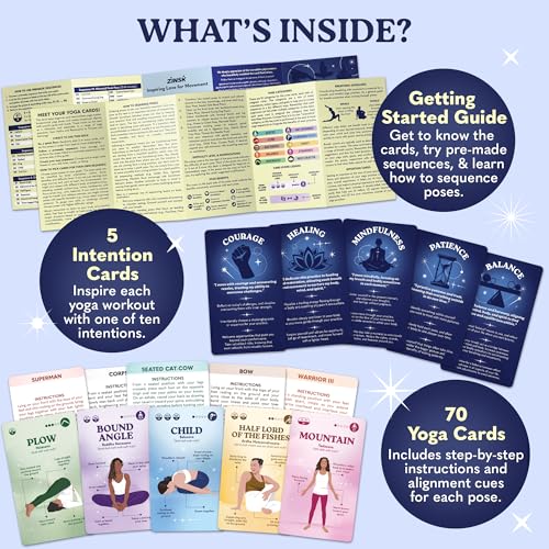 Zinsk 70 Premium Yoga Cards - Pose Flashcards with Beginner Instructions, Difficulty Levels, and Sequences - Deepen Your Practice with Alignment Cues, Modifications, Sanskrit Names & 10 Intentions