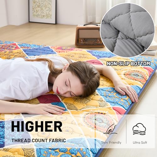 Zelladorra Japanese Floor Mattress, Anti-Slip Japanese Futon | Portable Floor Mattress, Roll Up Sleeping Mat with Storage Bag, ideal for Guests and Camping, Boho Orange Checkered - color: Boho Orange Checkered, size: Queen (80"L x 60"W)