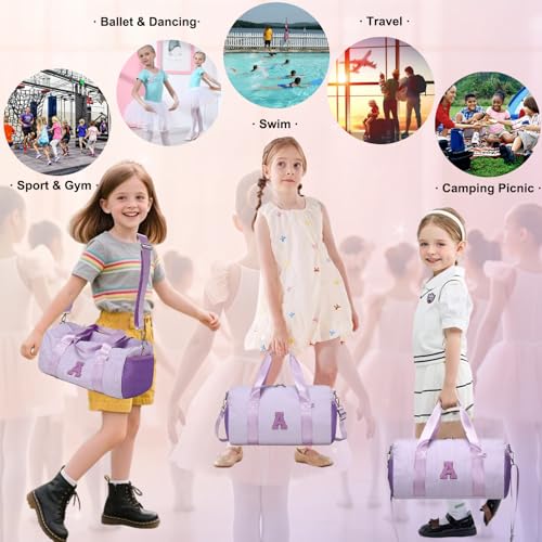 Personalized Initial Dance Bag for Girls,Small Gym Sport Yoga Dance Bags Gift for Kid,Cute Letter Kid Weekender Ballet Bags,Toddler Travel Duffle Tote with Adjustable Straps(Purple-A) - color: Purple, style: A