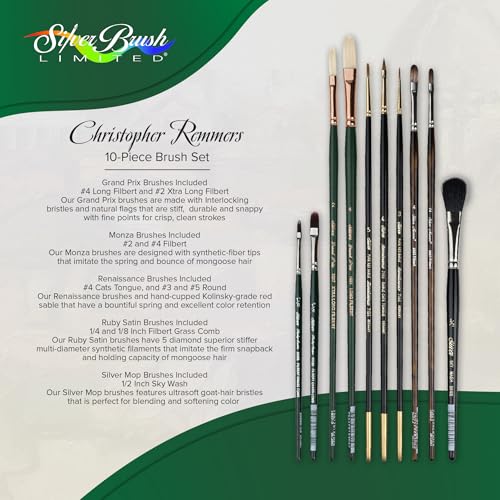 Silver Brush Limited Christopher Remmers Oil Painting Paintbrush Set, 10pc | Filbert, Cats Tongue, Grass Comb, Sky Wash, Long Handle, Fine Point Natural and Synthetic Bristle, Portrait Painting
