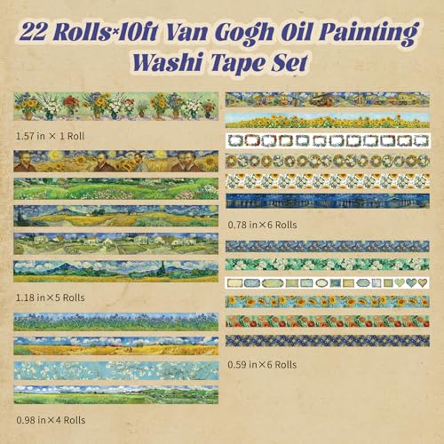 Art Washi Tape Set 22 Rolls, Decorative Masking Tape for Junk Journal, Scrapbooking Supplies, DIY Crafting Supplies - style: Oil painting