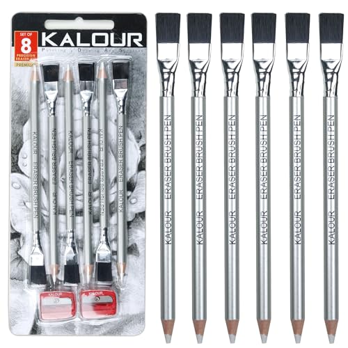 KALOUR Detail Eraser Pencil - 6pc Pencils with Brush and 2pc Sharpener,Erasing Small Details or add Highlights for Sketching, Charcoal Drawings. Fine Detail Eraser for Beginners & Artists