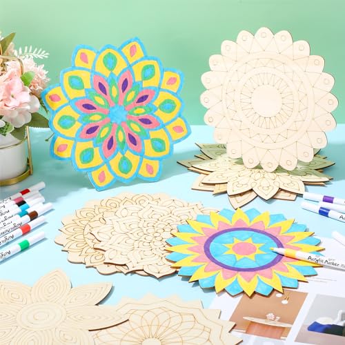 Vercraft 22 Pcs Wooden Mandala Painting Set 10 Mandala Unfinished Wood Cutouts with 12 Markers for Crafts Diwali Craft Wood Slices for Adults Painting DIY Tags Wedding Home Decors(Artsy Style) - color: Artsy Style