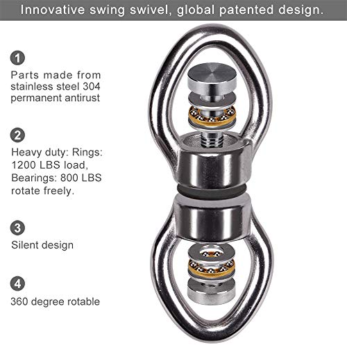 SELEWARE Silent Bearing Swing Swivel with 2 Carabiners, 360° Rotational Device Hanging Accessory for Tree Swing, Hammock Chair, Yoga,1200LB Capacity - color: Swivel (C) and 2 Carabiners