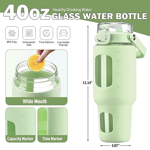 BLUEGO 40 oz Glass Water Bottle with Straw, Leakproof Glass Drinking Bottle with Time Marker and Silicone Sleeve, Wide Mouth for Travel, Gym, Workout, Green - color: Light Green, size: 40 Ounces