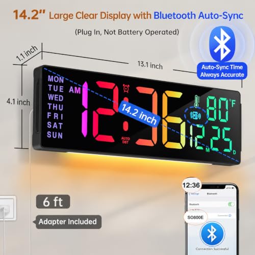 Soobest 14.2 Inch Digital Wall Clock with Bluetooth, LED Large Display | Time, Date, Temp Auto Sync, Remote Control, Gym Countdown Timer & 12 RGB Colors for Classroom, Multicolor Nightlight, Plug In - color: 14.2" Multicolor