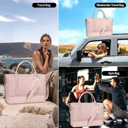 Weekender Bag, Large Travel Duffel Bag for Women, Carry on Overnight Bag with Shoe Compartment and Toiletry Bags - color: K-3PCS Nude