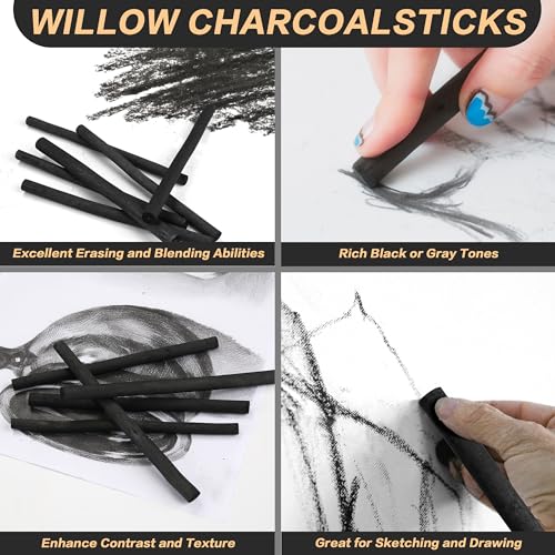 MyLifeUNIT 6 Pack Compressed Charcoal Sticks (2 Soft, 2 Medium and 2 Hard), 25 Pack Willow Sketch Charcoal Sticks(7-9 MM Dia)