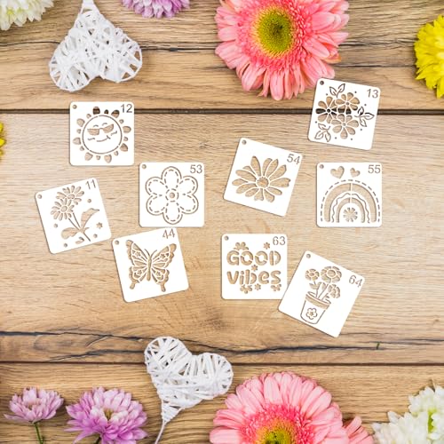64 pcs Small Stencils for Crafts, Reusable 3 Inch Stencils, Including Flower Plant & Butterfly Patterns, DIY Craft Paint Great Templates for Painting on Wood, Fabric, Wall, Rock & Home Decor