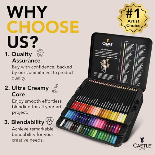 Castle Art Supplies 72 Colored Pencils for Adults - Soft Core Leads | For artists, professionals, and adult colorists - rich, creamy, velvety leads - organized in a presentation tin case