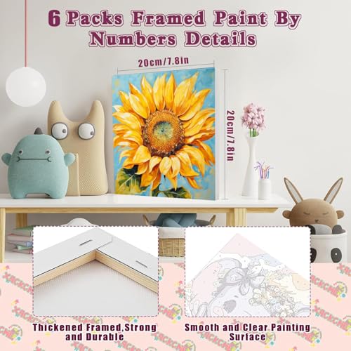 SYDYLH 6 Pack Paint by Numbers Kit for Adults/Kids, Easy Framed Adults Paint by Numbers Kits, DIY Simple Flowers Acrylic Oil Painting Number Kits for Home Wall Decor (8 x 8 Inch) - color: Flowers Paint By Numbers with Framed 6-pack, size: 8''x8''-with Fra