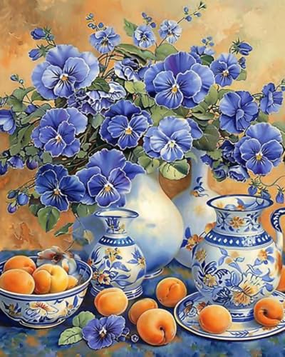 Tucocoo Flower Paint by Bumbers for Adults Beginner Bule Flowers Vase DIY Paint by Numbers Acrylic Paint Canvas Vintage Exquisite Bedroom Decor Painting Kits Flower Furit Art 16x20 Inch (DIY Frame ) - color: Wine Fruit 04, size: 16''x20''(DIY Frame)