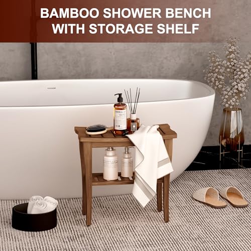Bamboo Shower Bench Stool with Storage Shelf, Waterproof Shower Chair Spa Bath Seat, Shower Stool for Inside, Bathroom Bench Seat for Adults Elderly Seniors for Indoor or Outdoor Use(Walnut) - color: Walnut