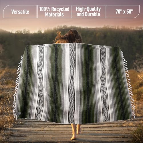 Hydration Nation Authentic Extra Large Mexican Blanket - 70"x50" Handwoven Yoga, Serape, Artisanal Falsa - Camping, Picnic, Outdoor (Military Green) - color: Military Green