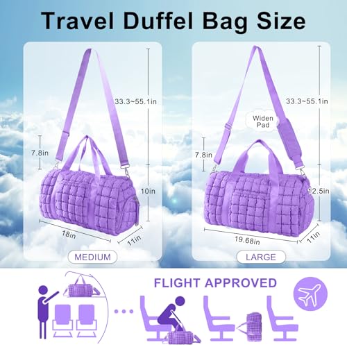 Quilted Travel Duffle Bag Gym Bag for Women,Large Puffer Duffle Weekender Bag with Compartment,Workout Overnight Carry on Organizer Bag Duffle Bag for Airplane Travel(L-Purple) - color: Purple, size: Large