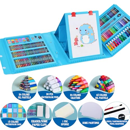 DLUCKY 208 PCS Art Supplies Drawing Art Kit Adults for Kids Art Set,Blue | with Double Sided Trifold Easel, Oil Pastels, Crayons, Colored Pencils, Watercolor Pens Gift for Girls Boys Artist - color: BLUE