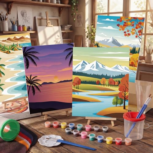Sherr 285 Pcs 30 Sets Sip and Paint Kit for Adults,Scenery | Pre Drawn Canvas to Paint for Adults, Acrylic Paints, Brushes, Easels, Date Night, Birthday Party Gifts - style: Scenery