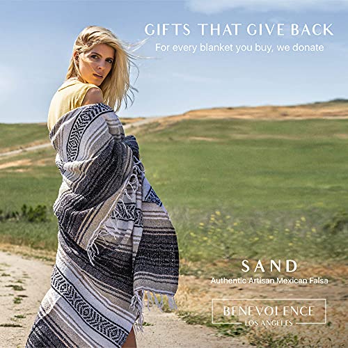 Benevolence LA Authentic Mexican Blanket – Handwoven Falsa Serape Throw – Beach, Camping, Picnic & Yoga Blanket – Lightweight Cotton Throw for Outdoor & Home – Sand, 50x70 in - color: Sand