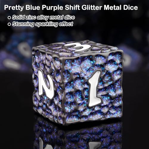 Haxtec Metal DND Dice Set, 7 Pcs Meteorite Texture Polyhedral Dice for RPG | Glitter Blue D&D with Leather Bag, White Number, Compatible with Dungeons and Dragons, Heavy Metallic, Gifts for Table Games - color: Black Blue White