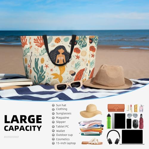 Large Beach Bag for Women Waterproof Foldable Travel Shoulder Tote Bag with Pocket for Weekender Pool Vacation - color: Fish Beige