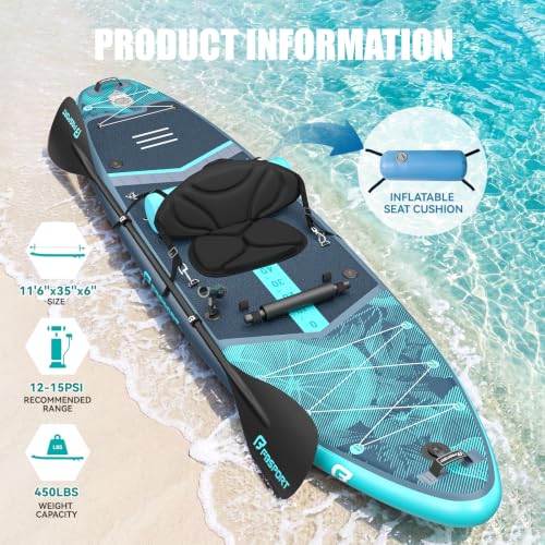 FBSPORT 11' Premium Stand Up Paddle Board, Yoga Board with SUP Accessories & Carry Bag | Wide Stance, Surf Control, Non-Slip Deck, Leash, Paddle and Pump for Youth & Adult - color: Blue Teal