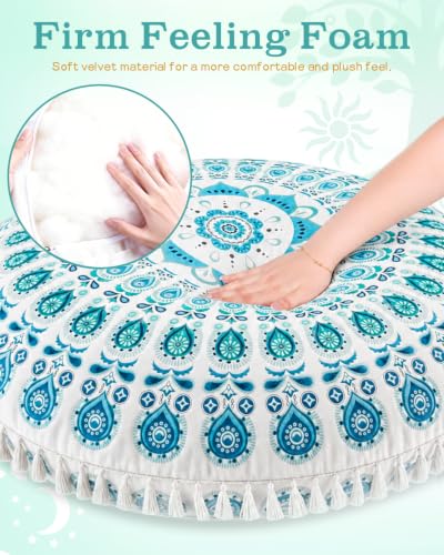 Hihealer Meditation Cushion, Large Velvet Floor Pillow for Yoga, Meditation | Round Memory Foam Bolster Pillow, 36" Mandala Boho Cushion, Supportive & Ergonomic - color: Green
