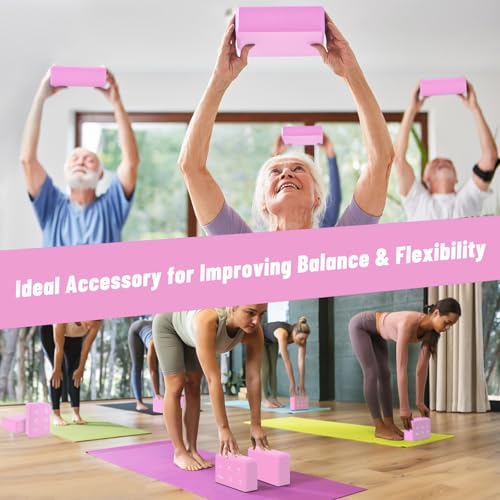 RETON 2 Pack Yoga Blocks and 2 Yoga Straps Set, Soft Non-Slip Yoga Block for Pilates, High Density EVA Foam Yoga Brick with Yoga Strap for General Fitness, Stretching, Improve Strength and Flexibility - color: Pink