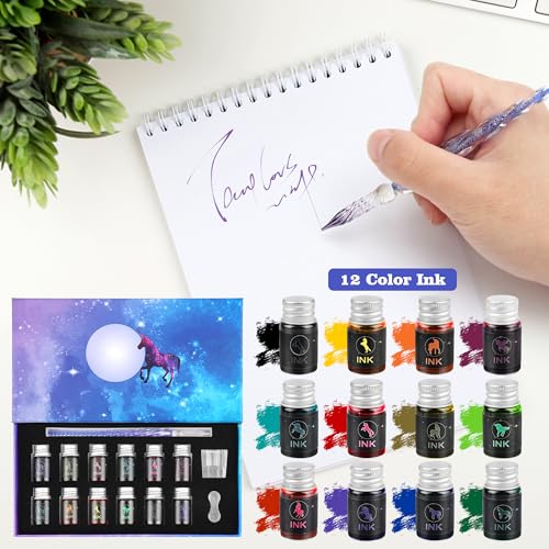 Luxiv Glass Dip Pen Set, Purple Crystal Pen With Ink, Holder, and Package - color: Purple, style: Sets (15Pcs)