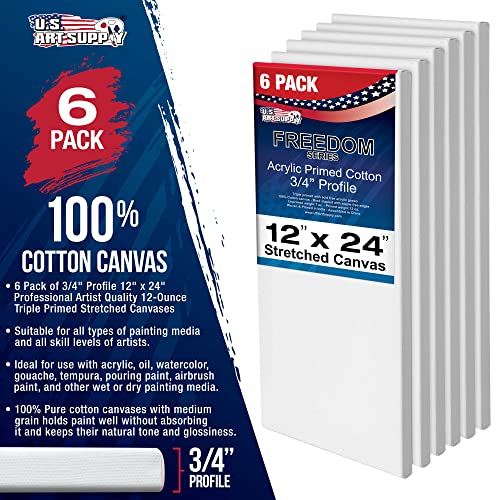 U.S. Art Supply 12 x 24 inch Stretched Canvas for Painting, 12oz Triple Primed, 6-Pack - Professional Artist Quality White Blank 3/4" Profile, 100% Cotton, Heavy-Weight Gesso - Acrylic Pouring, Oil - size: 12" x 24"