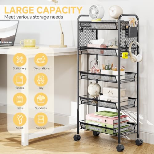 KINGRACK 5 Tier Rolling Cart, Metal Utility Storage Cart with Pegboard | Screwless Assembly, Lockable Wheels, 4 Hooks & 1 Bin, Mobile Organizer for Bathroom Kitchen Office Craft Room Laundry, Black - color: Black, size: 5-Tier