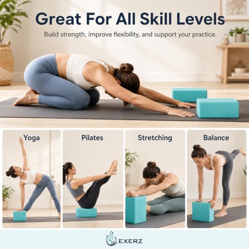 EXERZ Yoga Blocks 2 pack, Gym Blocks, Exercise Workout Fitness Bricks, Pilates Stretch Handstand Non-Slip - color: Turquoise