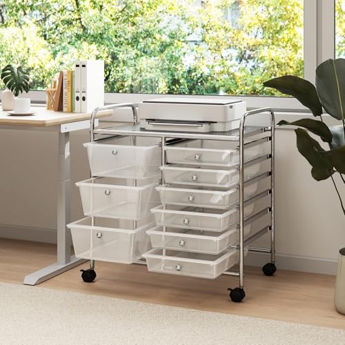 LDAILY 9 Drawer Rolling Storage Cart, Rolling Cart with Drawers for Classroom, Art Supply Craft Organizer on Wheel with Metal Frame & Handles for Home Office School - color: Clear, size: 9 Drawer