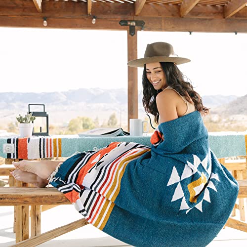 Blue and Tan Mexican Blanket by Laguna Beach Textile Co - Beach, Yoga, Camping, or Decorative Throw Blanket - Traditional Handmade Serape - Navy Baja - color: Navy