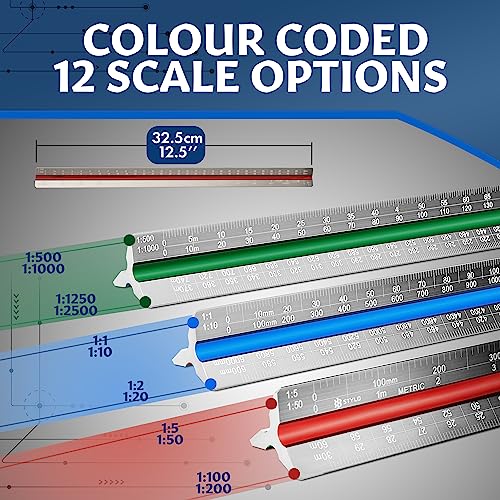 Stylo Architectural Scale Ruler, 12 Inch Aluminum, Grey Metric | Laser Etched Triangular Drafting Scale, Color Coded Grooves, for Blueprints and Floor Plans, Cloth Pouch Included - color: Grey, size: 12 inch (Metric)