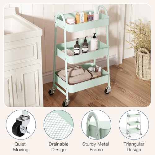 OLIXIS Metal 3 Tiers Rolling Storage Utility Cart with Lockable Wheels | Mobile Organizer Shelf, Space-Saving, Freestanding, Bathroom, Living Room, Slim, Narrow Corner Spaces, Pale Green - color: 3-tiered Pale Green, size: 3-Tiered 17 inches