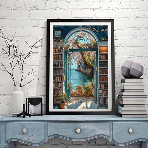 ZQEATRY Bookstore Landscape Diamond Art Kits for Adults,5D Diamond Painting Kits for Beginners,DIY Full Round Drill Gem Art with Diamond Dots for Adults Home Wall Decor 12x16inch - color: XJ125
